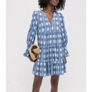 NWT Tuckernuck Pomander Place Kenzo Dress  Blue Ikat Tiered Mini  Boho Swing sz